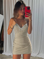 Royal Blue Beaded V Neck Corset Bodice Homecoming Dress