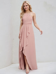Dusty Rose Chiffon A Line Halter Neck Sleeveless Asymmetrical Bridesmaid Dress