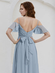 Dusty Blue Chiffon A Line Spaghetti Straps Ruffle Sleeves Floor Length Bridesmaid Dress