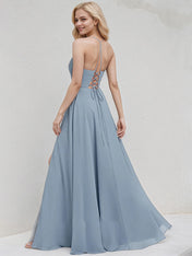 Dusty Blue Chiffon A Line Spaghetti Straps Floor Length Bridesmaid Dress