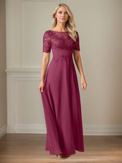 A Line Chiffon Scoop Neck Short Sleeves Floor Length Mother of the Bride Dresses With Appliques