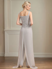 Chiffon Square Neck Sleeveless Floor Length Pleated Mother of the Bride Pantsuits