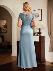 A Line Satin V Neck Short Sleeve Floor Length Dress With Appliques