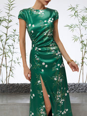 Green Floral Cap Sleeve Slit A Line Maxi Slit Dress
