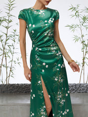Green Floral Cap Sleeve Slit A Line Maxi Slit Dress
