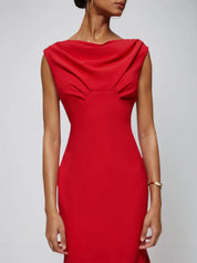 Red Cowl Neck Sleeveless Sheath Midi Dress