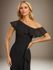 Sheath/Column One Shoulder Floor-Length Chiffon Dress With Cascading Ruffles