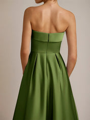 Green Satin A Line Off The Shoulder Sleeveless Ankle Length Bridesmaid Dress