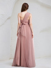 Dusty Rose A-Line Halter Neck Floor-Length Tulle Bridesmaid Dress
