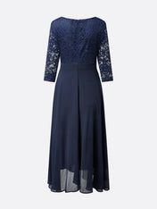 Purplish blue Lace Chiffon Crew Neck Half Sleeve A-Line Midi Dress