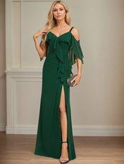 Sheath/Column Cold Shoulder V-Neck Floor-Length Chiffon Dress With Cascading Ruffles Sequins Beading