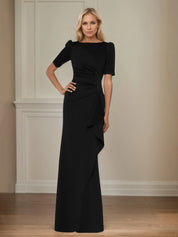 Trumpet/Mermaid Scoop Neck Short Sleeve Floor Length Stretch Crepe Mother of the Bride Dress With Ruffles