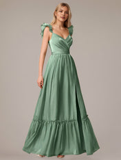 Green A Line V Neck Sleeveless Floor Length Dresses With Ruffles