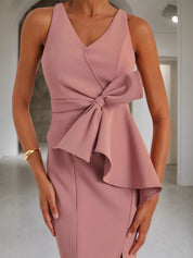 Pink V Neck Ruffled Sleeveless Bow Sheath Midi Dress