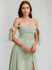 Celadon Chiffon A Line Off the Shoulder Sleeveless Floor Length Bridesmaid Dress