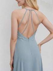 Dusty Blue Chiffon A Line V Neck Sleeveless Floor Length Bridesmaid Dress With Appliques