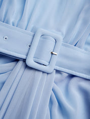 Light Blue Ruched Chiffon Crew Neck Short Sleeve A-Line Maxi Dress