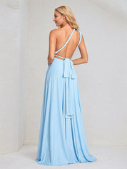 Sky Blue Chiffon A Line Halter Neck Floor-Length Sleeveless Bridesmaid Dress