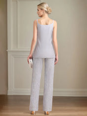 Chiffon V Neck Sleeveless Floor Length Mother of the Bride Pantsuits With Appliques