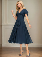 A Line V-Neck Tea Length Chiffon Dress With Cascading Ruffles
