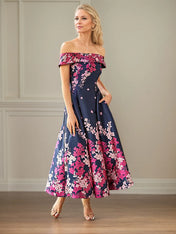 A Line Off The Shoulder Ankle Length Satin Floral Mother of the Bride Dress