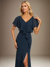 Trumpet/Mermaid V-Neck Floor-Length Chiffon Dress With Cascading Ruffles