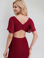 Burgundy Chiffon A Line V Neck Short Sleeves Floor Length Bridesmaid Dress With Ruffle