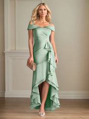 Sheath/Column Satin Off The Shoulder Sleeveless Asymmetrical Dress