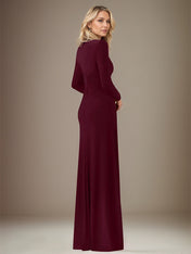 A Line Cabernet Stretch Crepe Scoop Neck Long Sleeves Floor Length Dress