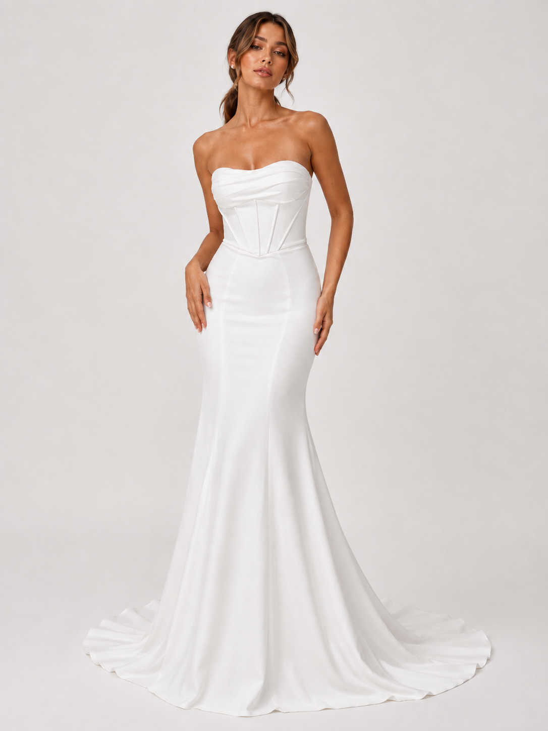 Elegant Strapless Ruched Satin Mermaid Wedding Dress with Exposed Boning and Chapel Train