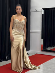 Green Mermaid Spaghetti Straps Bodice Long Prom Dress with Beads