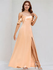 Coral Satin A Line Spaghetti Straps Sleeveless Floor Length Bridesmaid Dress With Ruffles
