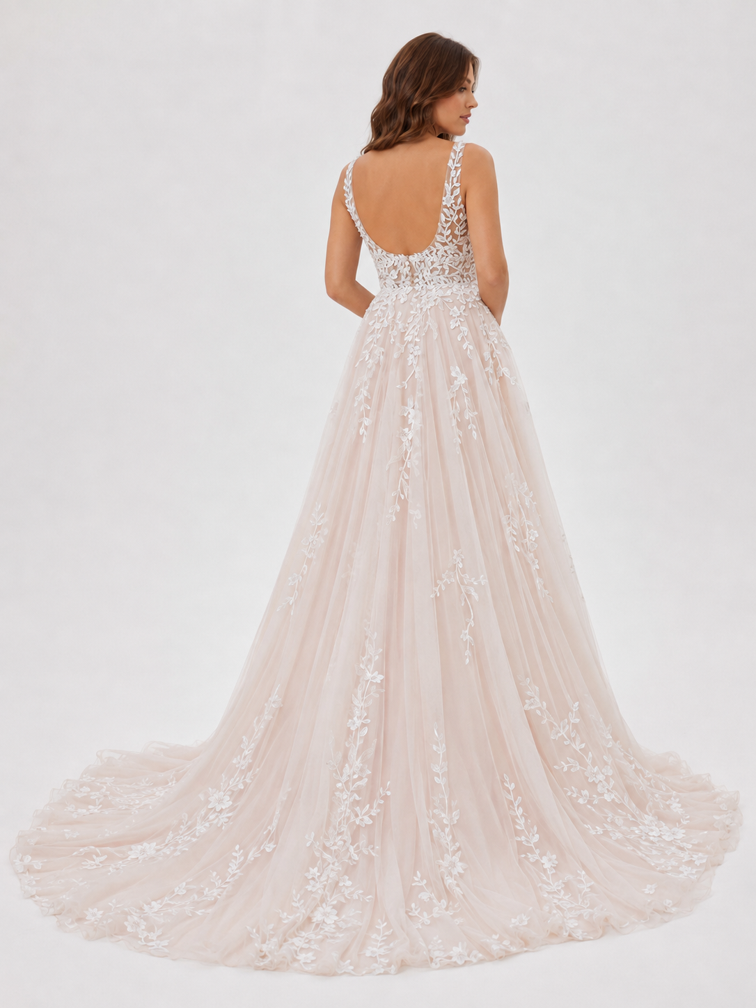 Elegant Illusion V-Neck Lace Applique A-Line Wedding Dress with Chapel Train