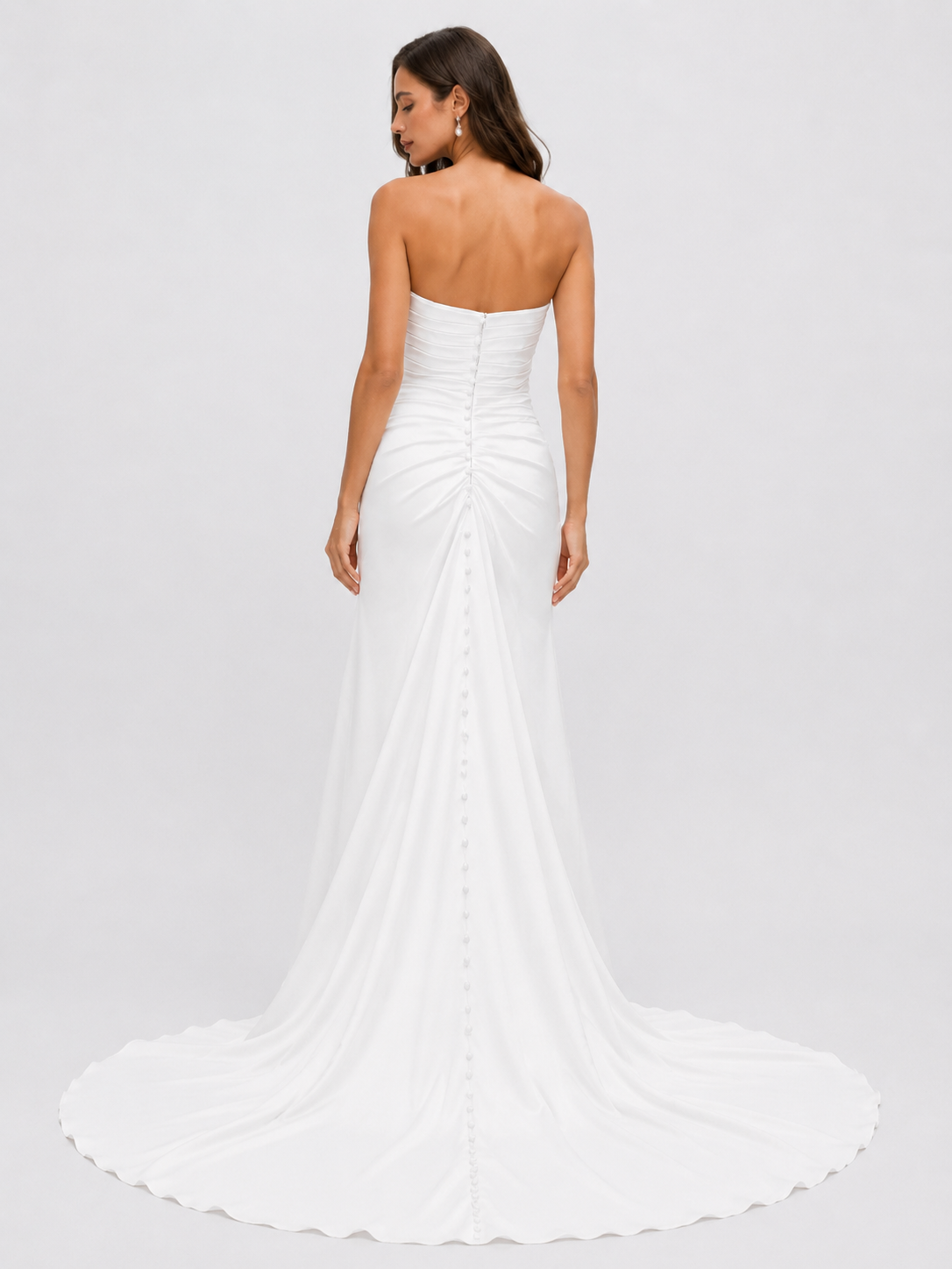 Elegant Strapless Ruched Satin Sheath Wedding Dress with High Slit and Chapel Train