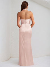 Pink Satin Halter Neck Sleeveless Floor Length Dress With High Slit