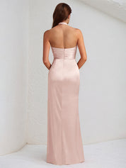 Pink Satin Halter Neck Sleeveless Floor Length Dress With High Slit