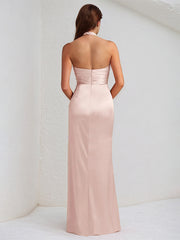 Pink Satin Halter Neck Sleeveless Floor Length Dress With High Slit