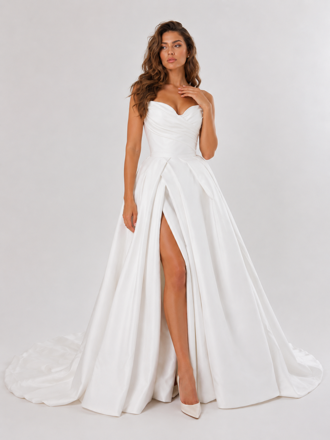 Elegant Off-the-Shoulder Ruched Satin A-Line Wedding Dress with High Slit and Chapel Train