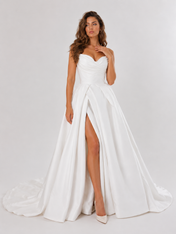 Elegant Off-the-Shoulder Ruched Satin A-Line Wedding Dress with High Slit and Chapel Train