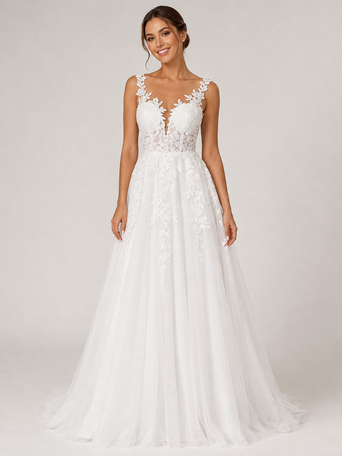 Elegant V-Neck Lace Applique Tulle A-Line Wedding Dress with Chapel Train