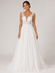 Elegant V-Neck Lace Applique Tulle A-Line Wedding Dress with Chapel Train