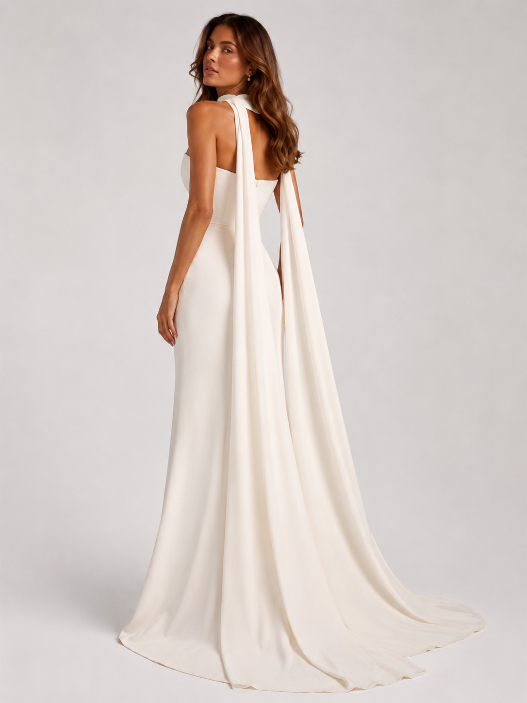 Elegant Strapless Straight-Neck Ruched Sheath Wedding Dress with Draped Neck Scarf and Sweep Train