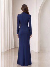 Elegant Navy Blue Long-Sleeve Mermaid Evening Dress with High Neck and Floral Appliques