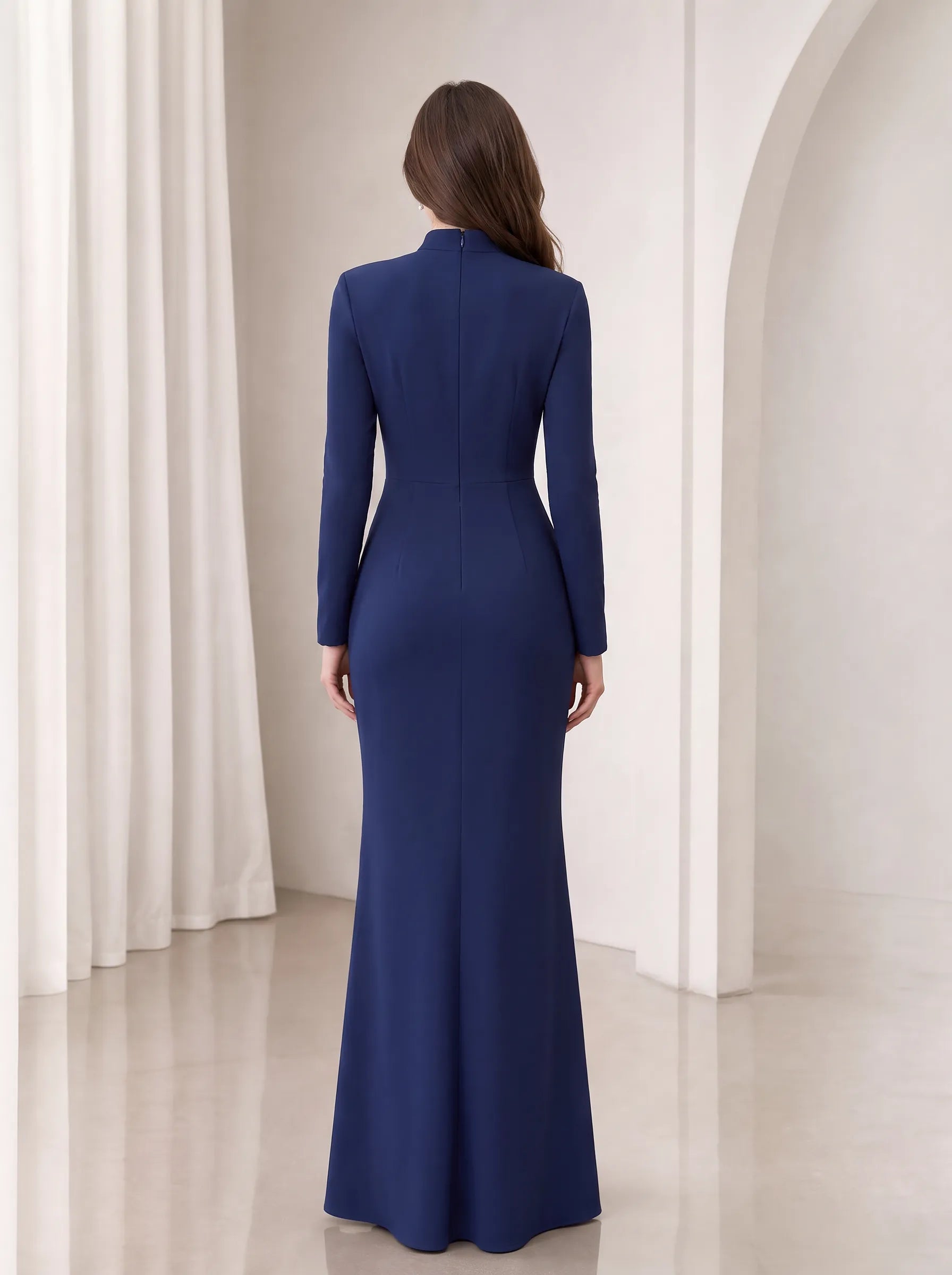Elegant Navy Blue Long-Sleeve Mermaid Evening Dress with High Neck and Floral Appliques