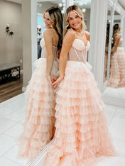 Pink A-Line Spaghetti Straps Tiered Tulle Long Prom Dress