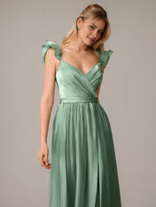 Green A Line V Neck Sleeveless Floor Length Dresses With Ruffles
