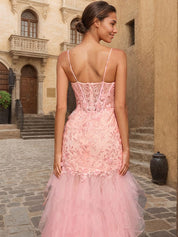 Pink Sheath V-Neck Corset Tiered Long Prom Dress With Beading Slit