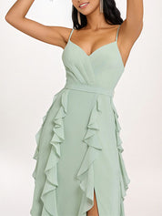 Dusty Sage A-Line V-Neck Ruffles Floor-Length Chiffon Bridesmaid Dress
