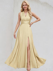 Champagne Satin A Line V Neck Short Sleeves Floor Length Bridesmaid Dress
