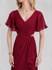 Burgundy Chiffon A Line V Neck Short Sleeves Floor Length Bridesmaid Dress With Ruffle